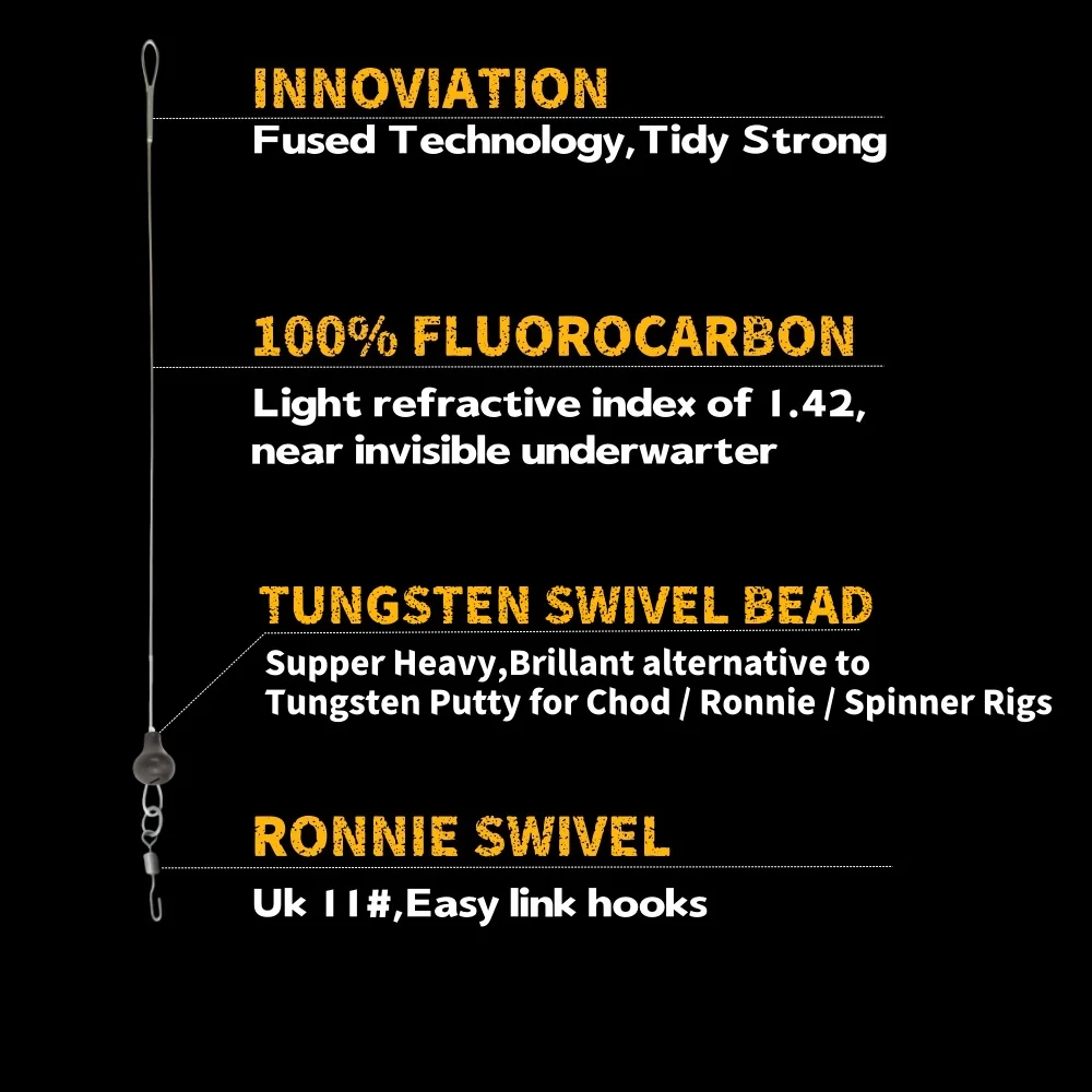 Carp Fishing Leader Fused Boom For Ronnie Rigs 100% Fluorocarbon Accessories With Tungsten Chod Swivel Beads