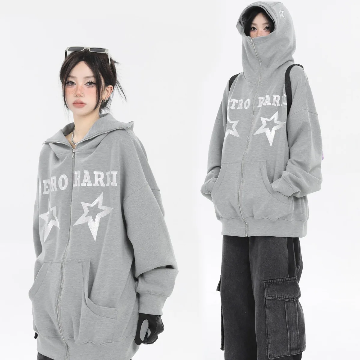 

Unisex Loose Hoodie Star Embroidery Vintage Street Man Women Hooded Sweater Couples Hooded Jacket For Boys