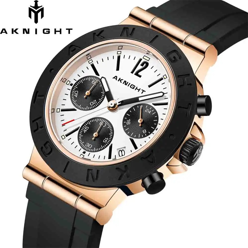 

AKNIGHT New Sport Watch for Man Silicone Strap Quartz Movement 5ATM Waterproof Waches with Date Chronograph Clock Relogio