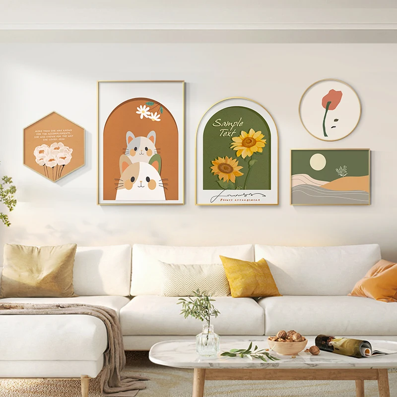 

Home Decorative Painting Modern Simple and Fresh Combination Restaurant Paintings Abstract Flower Cat Sofa Background Mural