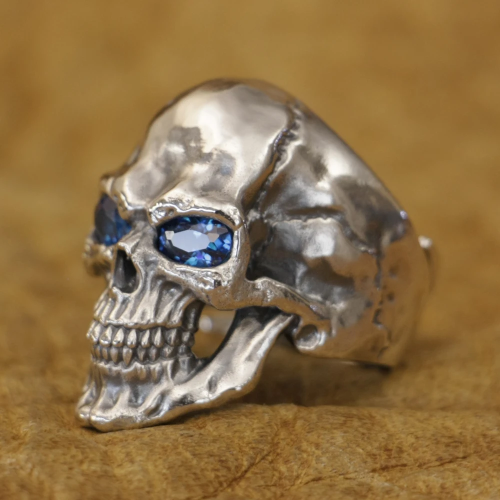 925 Sterling Silver Smile Skull Blue CZ Eyes Biker Rock Ring TA464 US Size 8~15