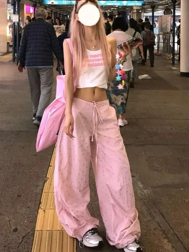 HOUZHOU Pink Star Graphic Print Drawstring Women Pants Wide Leg American Retro Baggy Jogging Sweatpants Y2K Harajuku Gyaru New