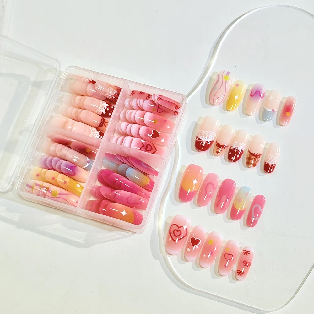 

Набор из 3 коробок: Накладные ногти с клетчатым узором, бантом, вишнями и горошком, мультяшные, кавайные, в форме миндаля, с полным покрытием, весенние, фальшивые ногти.