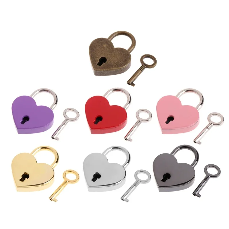 Vintage Style Heart Shape Mini Padlock with Key for Luggage Jewelry Box Wedding Diary Book Travel Lock Antique Finish