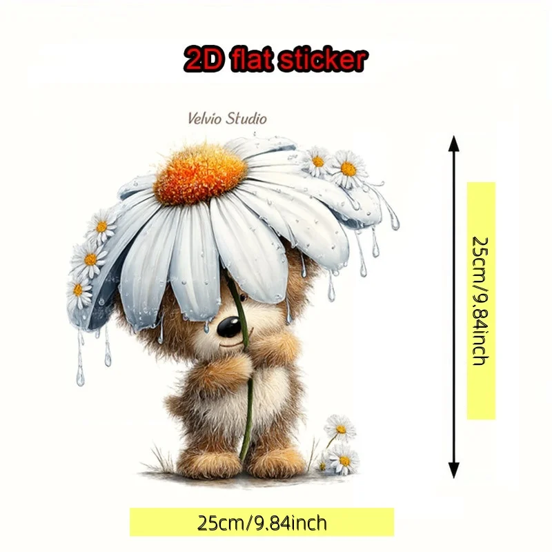 1 cute teddy bear with daisy toilet decal, featuring waterproof and bathroom stickers with white daisy patterns and other elemen
