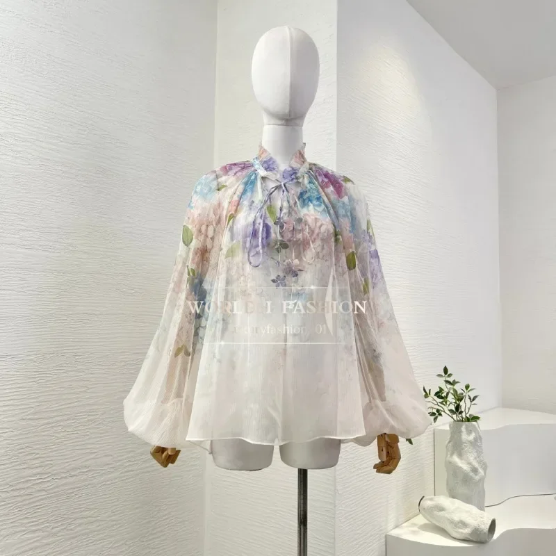 

Light Violet Floral Print Long Sleeve Ruffles Blouse Tops and Shorts Sets 2025 Silk