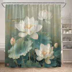 Lotus Shower Curtains White Floral Green Leaves Plant Chinese Style Art Bath Curtain Polyester Bathroom Bathtub Decor With Hooks