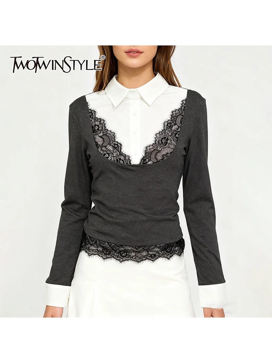 

TWOTWINSTYLE хитовые цветные кружевные элегантные футболки для женщин с лацканами и длинными рукавами, ложная футболка из двух предметов, женская модная осенняя футболка