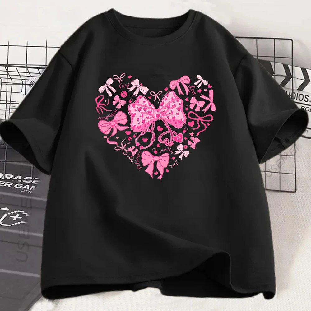 Nurse Life T Shirt Medical Bow Heart Graphic Tee Doctor Nursing Student Top Compassion Care Slogan Shirt Trendy Hospital Wear