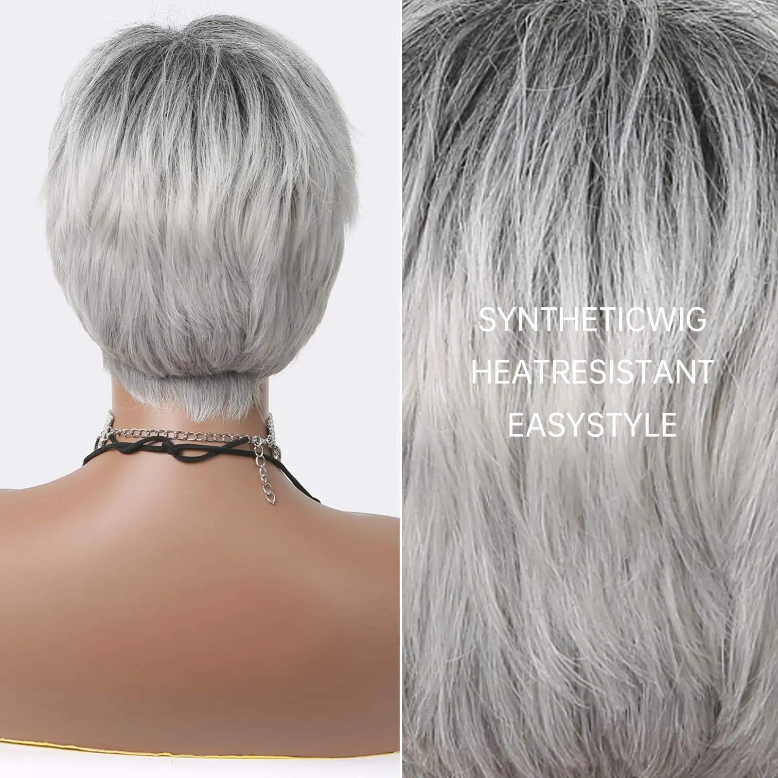 ALAN EATON Sliver Pixie Cut Wigs for Women Short Grey Layered Wig Fluffy Daily Party Hair Heat Resistant Synthetic Wig Cosplay
