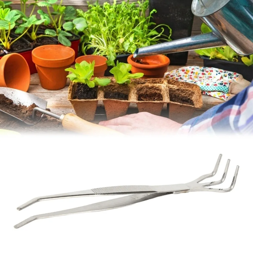 Durable 2 in 1 Bonsai Rake Lightweight Stainless Steel Bonsai Tweezers Ergonomic Handle 3-Prong Root Rake Potted Plants