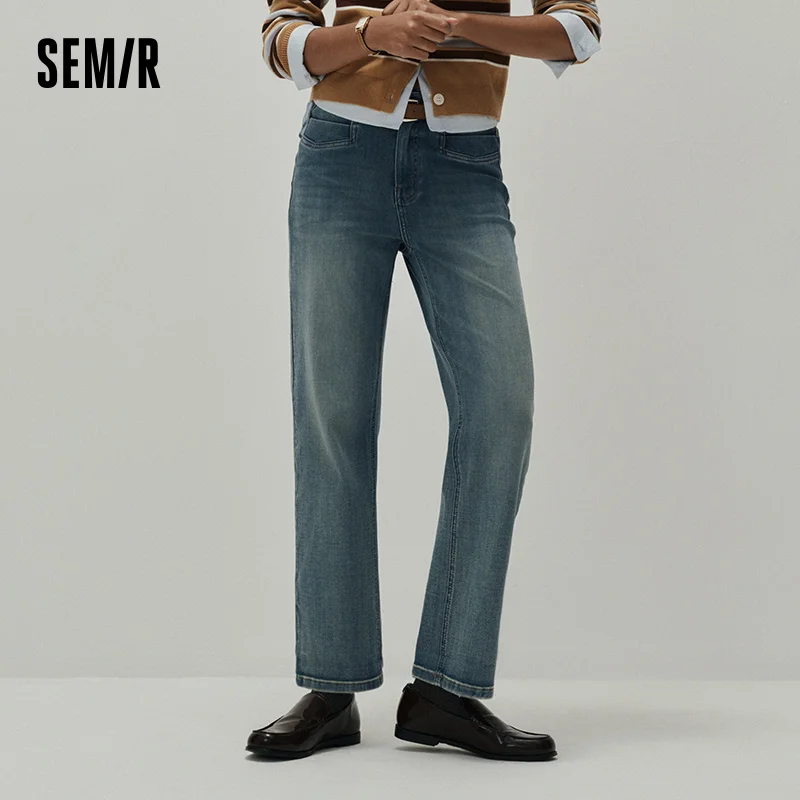 Semir Women Jeans Stretch Cropped Straight Cuffed Hem Soft Denim Casual Style Autumn Pants Urban Daily Wear 2026
