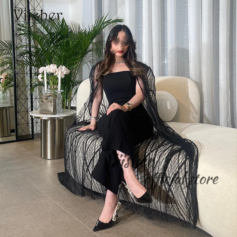 

Viisher Black Mermaid Evening Dresses with Beads Cape Saudi Arabia Formal Dress Floor Length Dubai Prom Party Gowns for Women