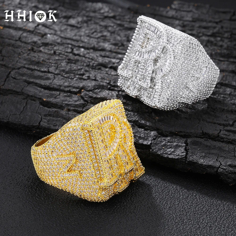 HHIOK Men Iced Out Brass Bling Ring Inlaid Cubic Zirconia Full Paved Round/Square CZ Letter Signet Ring Hip Hop Fine Jewelry