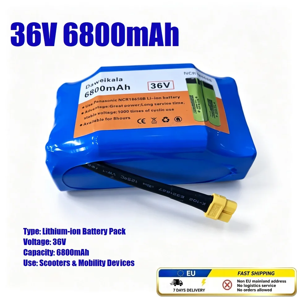 Batteria al litio da 36 V e 6800 mAh, batteria di ricambio ricaricabile per hoverboard, scooter autobilanciato e veicoli a pedali per bambini, alimentatore per dispositivi di mobilità personale,
