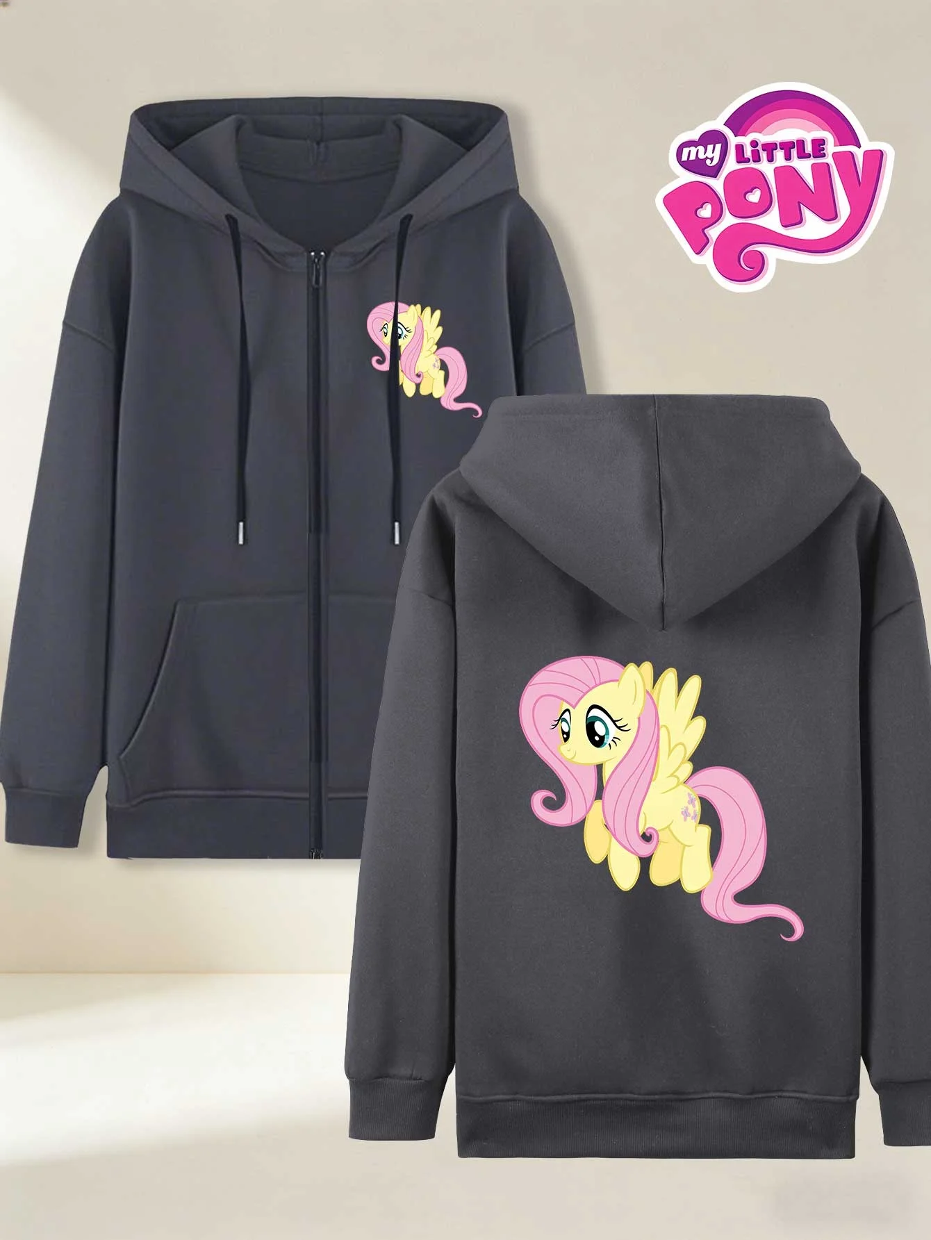 

My Little Pony Fluttershy Dark Gray Zip Up Hoodie Cute Cartoon Character Print Casual Oversized Jacket for Women