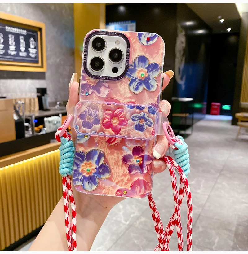 

Phone Case with Long Rope,Metal Lens Frame,Beautiful Flower Necklace,Oil Painting Back Cover, iPhone 11,12,13 Pro Max,14,15 PLUS