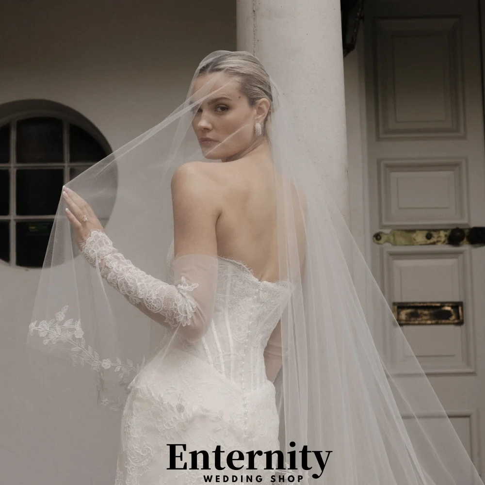 فساتين زفاف مخصصة مزينة بالدانتيل أنيقة برقبة قارب نصف كم للنساء فساتين زفاف ساحرة من التل فيستدوس دي نوفيا #6