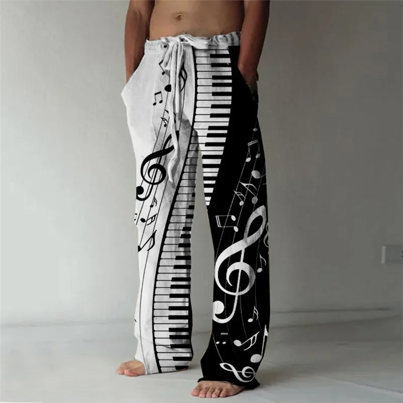 Men's casual pants, music score print, comfortable bamboo linen men's wide-leg pants, large size, fashionable new style, daily