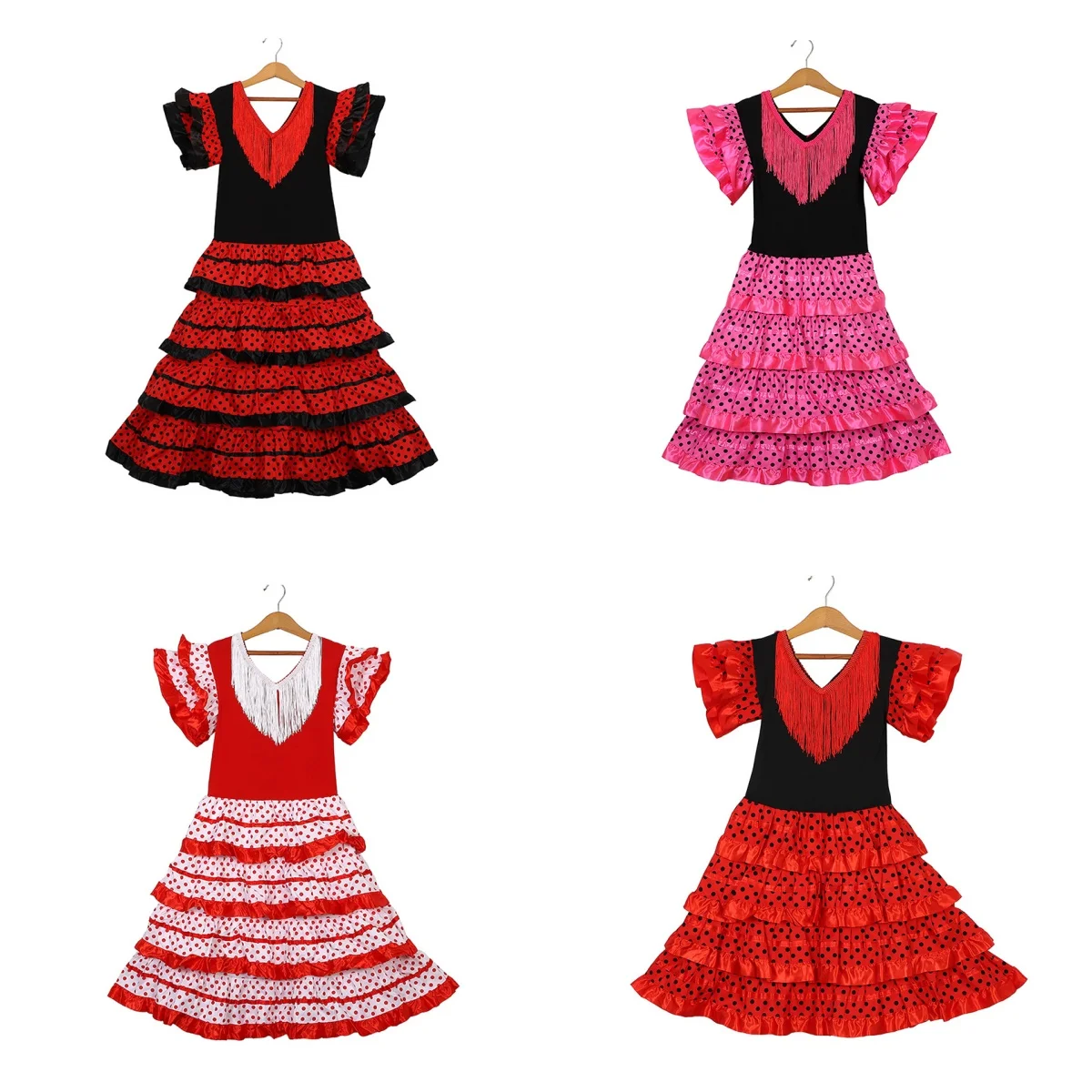 Spanisches Flamenco-Tanzkostüm für Mädchen, Kinder-Folkloretanzkleid mit Fransen, Rüschen-Stufenkostüm für Bühnenauftritte