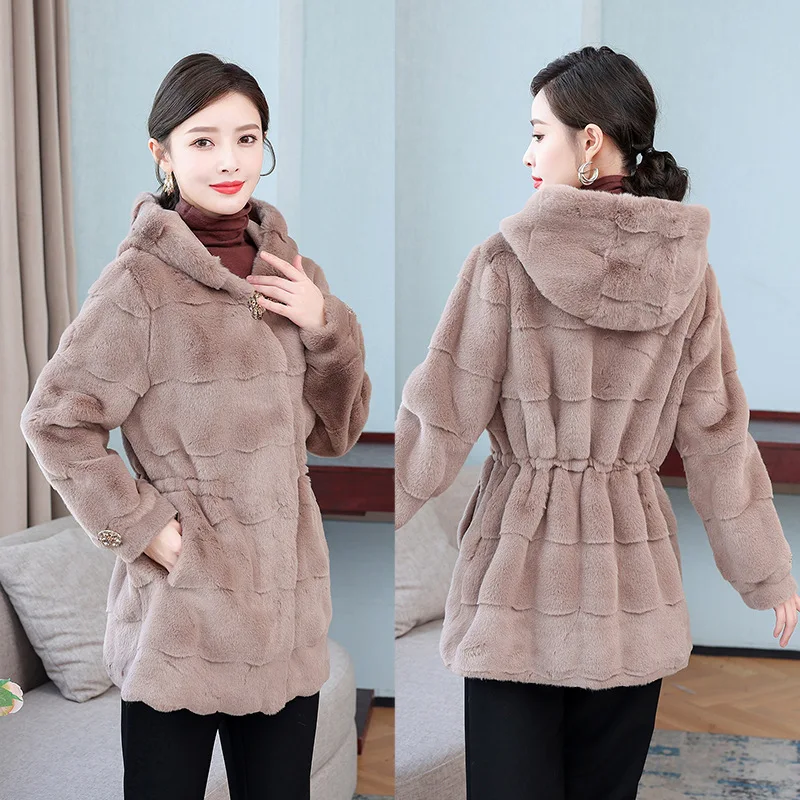 Denmark Mink Women\'s Fur Coat 2021 Winter New Fashion Rhinestone Elegant Thick Warm Outerwear Fake Fur Coat Loose Hooded Female