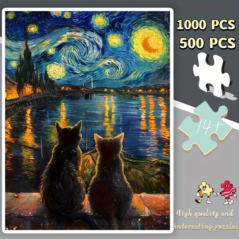 1000/500 Stück Sternennacht-Katzen-Puzzle, rahmenloses DIY, perfekt für Enthusiasten – pädagogisches Puzzle – interaktives Puzzle –