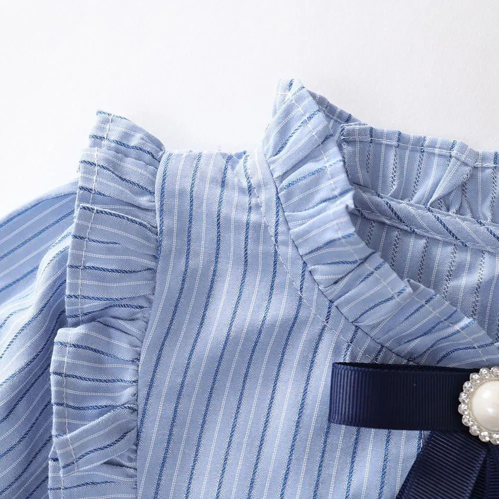 

Платье для девочек в студенческом стиле с бантом, воротником Питер Пэн, свободное, в полоску, в стиле принцессы, балетное, милое, детское, с длинными рукавами