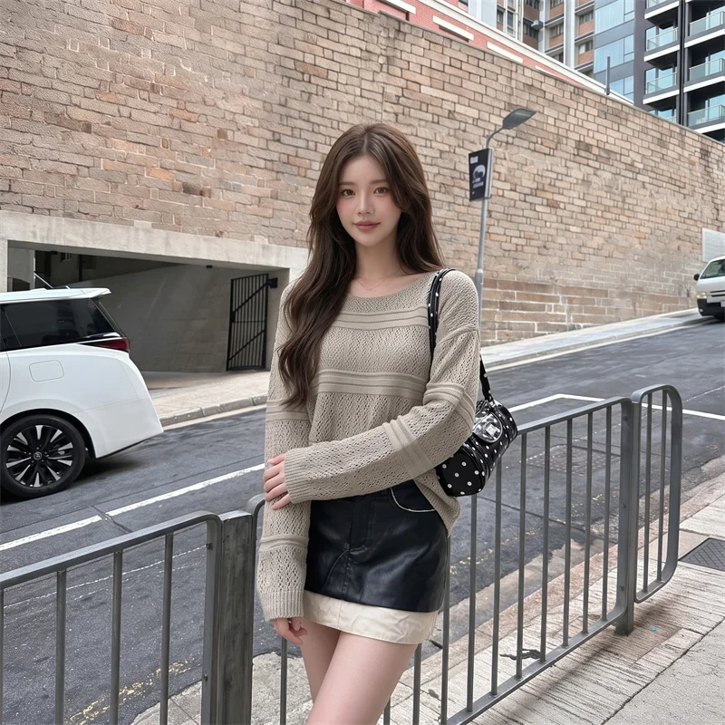 Vintage Washed PU Leather Mini Skirt Women 2‑in‑1 Contrast Color Fake Two Piece A‑Line Skirt Y2K Streetwear