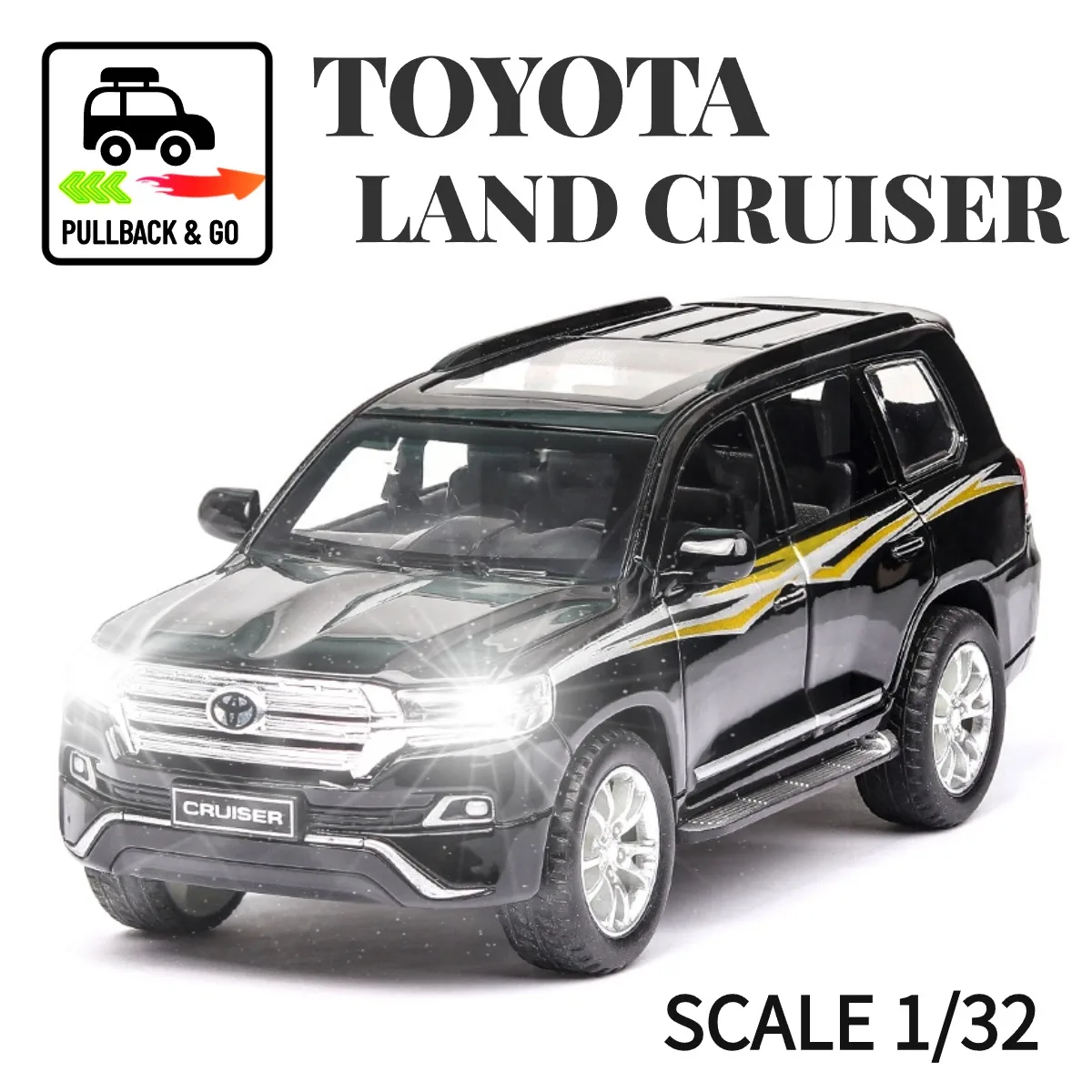 

1:32 Toyota Land Cruiser Pullback Car Toy with Lights Engine Sound, BMW Audi Scale Diecast Car Model Replica Kid Boy Play Gift