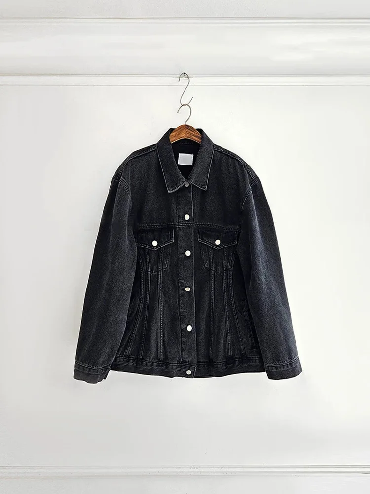 

Свободные женские джинсовые джинсы в стиле ретро в стиле ретро с длинным воротником-стойкой Vintage Qui very East Gate Pure Color с длинным воротником-стойкой...