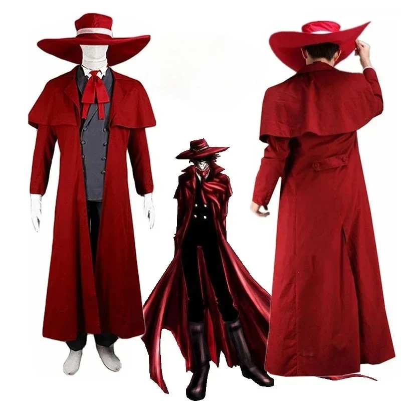 

2026 Anime Hellsing Alucard Cosplay Costumes Red Long Coat Hat Gloves Accessories Uniform Sets Men Women Clothes For Halloween