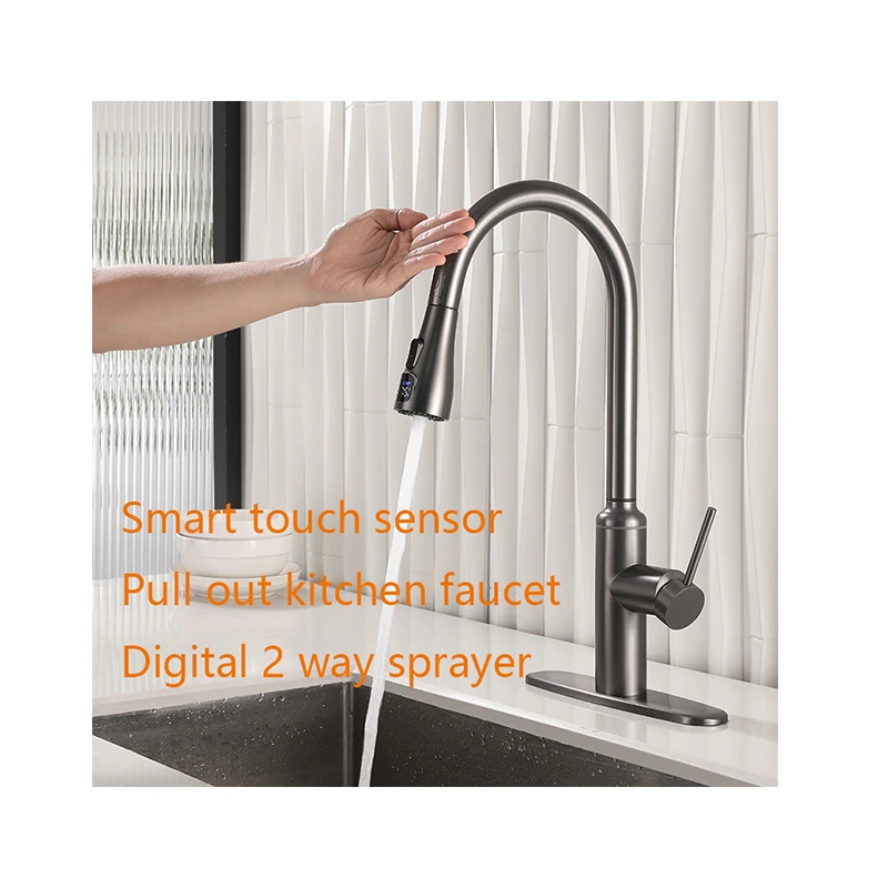 Smart Pull Out Kitchen Faucet Digital Stainless Steel Mixer Tap Gun Metal 2 Ways Flexible Gourmet Kitchen Sink Faucet