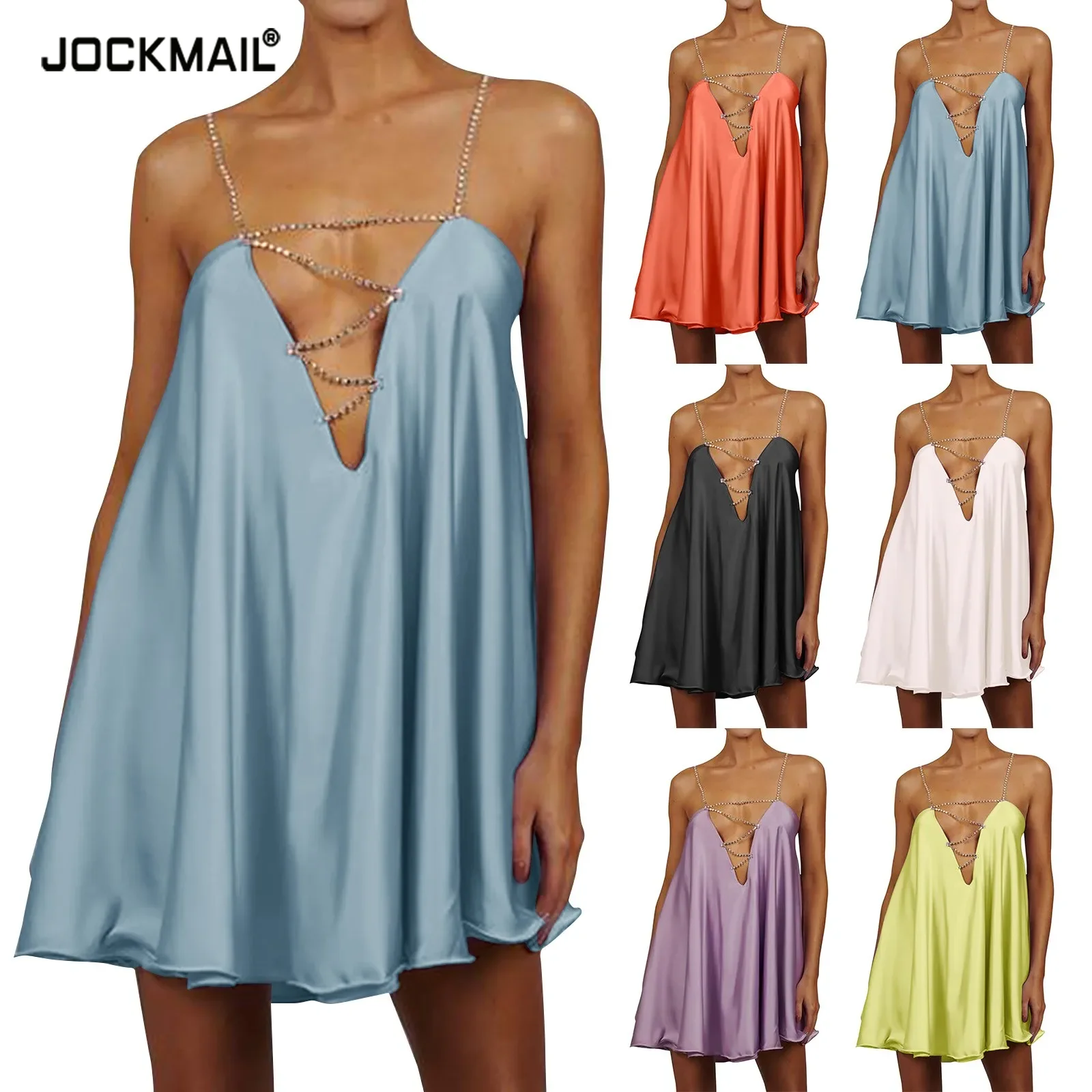 Summer Women abito allentato catena di metallo Halterneck senza maniche prendisole Backless scava fuori Mini abiti larghi Sexy Ladies Party Wea