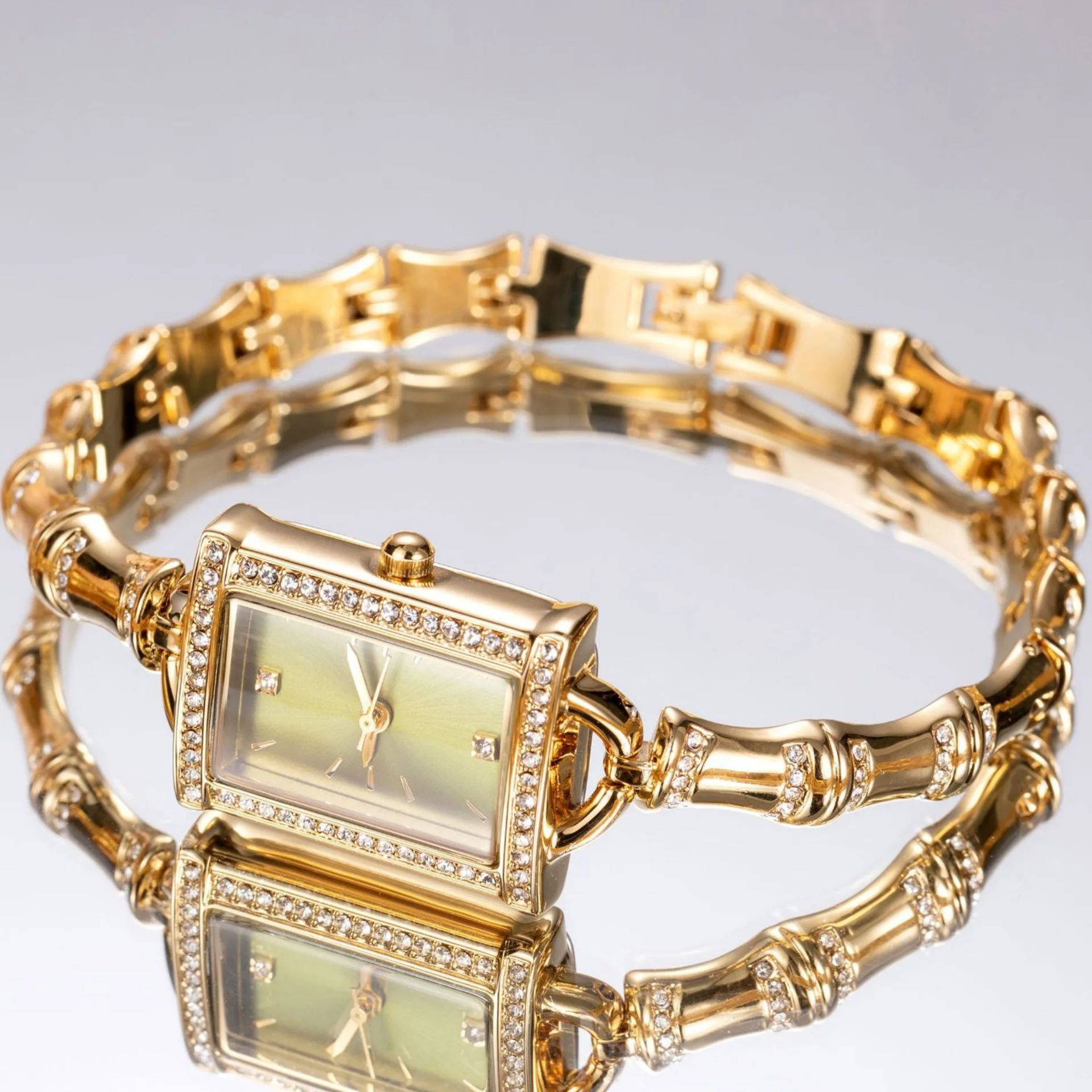 Bamboo-Link Petite Golden Watches with Diamonds Women’s Quartz Fashionable Square-Wound Bracelet Wristwatch for Dress & Gift