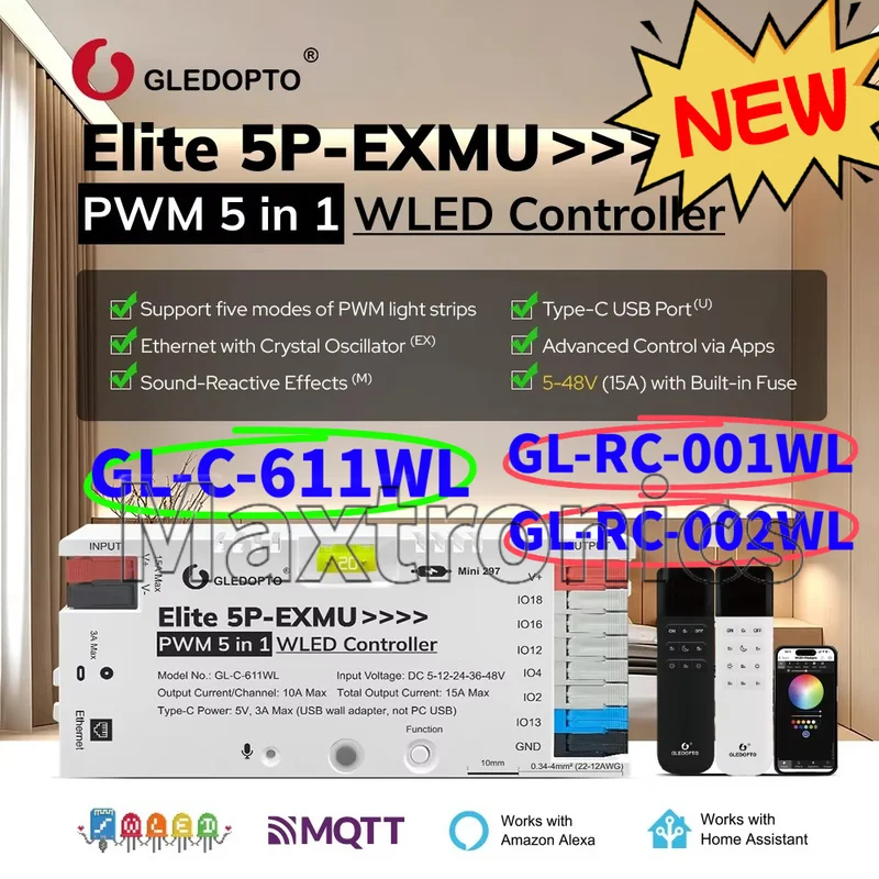 GLEDOPTO 5-in-1 WLED Controller Elite 5P-EXMU PWM 15A WiFi+Ethernet for RGBCCT/RGBW/RGB/CCT/Dimmer LED Strip Light GL-C-611WL