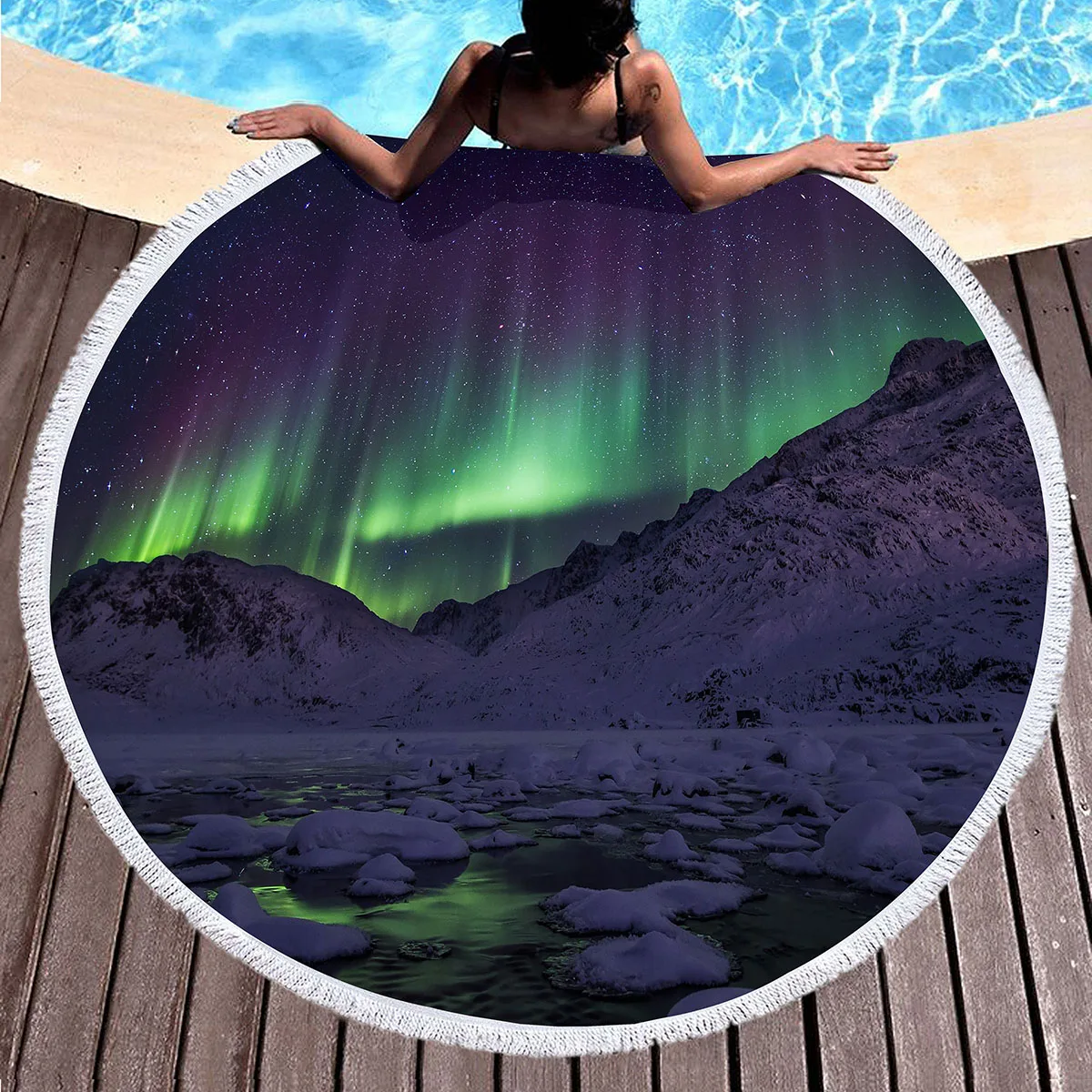 Northern Lights Printed Round Beach Towel,Polyester Sand Resistant Beach Towels,Soft Absorbent Quick Dry Pool Towel Picnic Mat