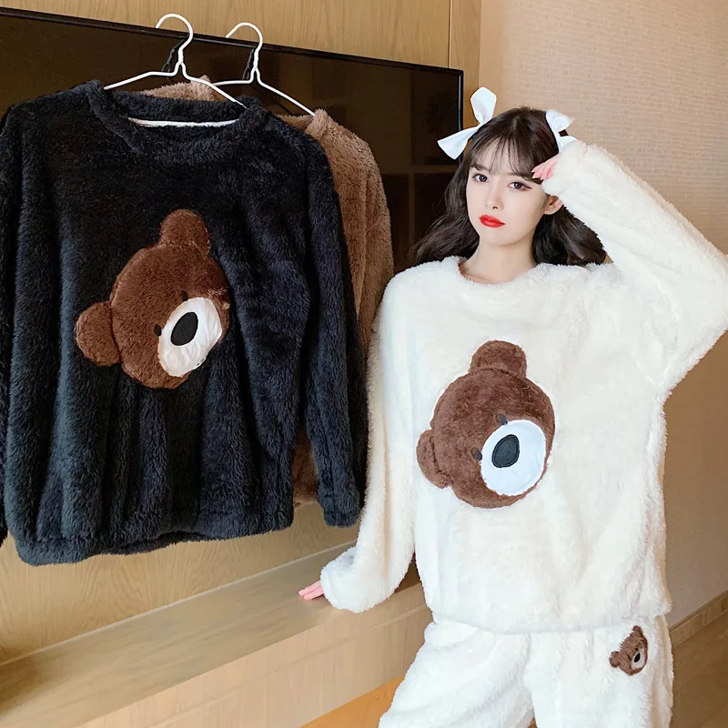 2024 Autumn Winter New Pajamas Women Long Sleeve Trousers Two-piece Flannel Thick and Fluffy Cartoon Bear Comfortable Home Wear