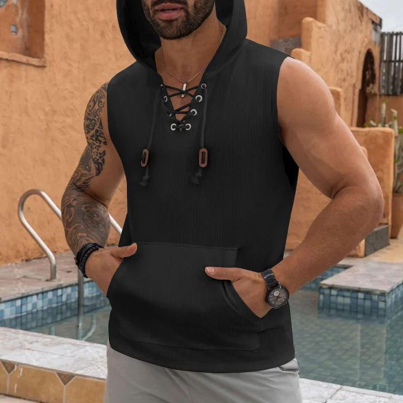 2025 summer Men's Casual Tops Hooded Sleeveless Tank Top T-shirt Large Pockets Pullover Mens Solid Color Lace-up Vest ﻿