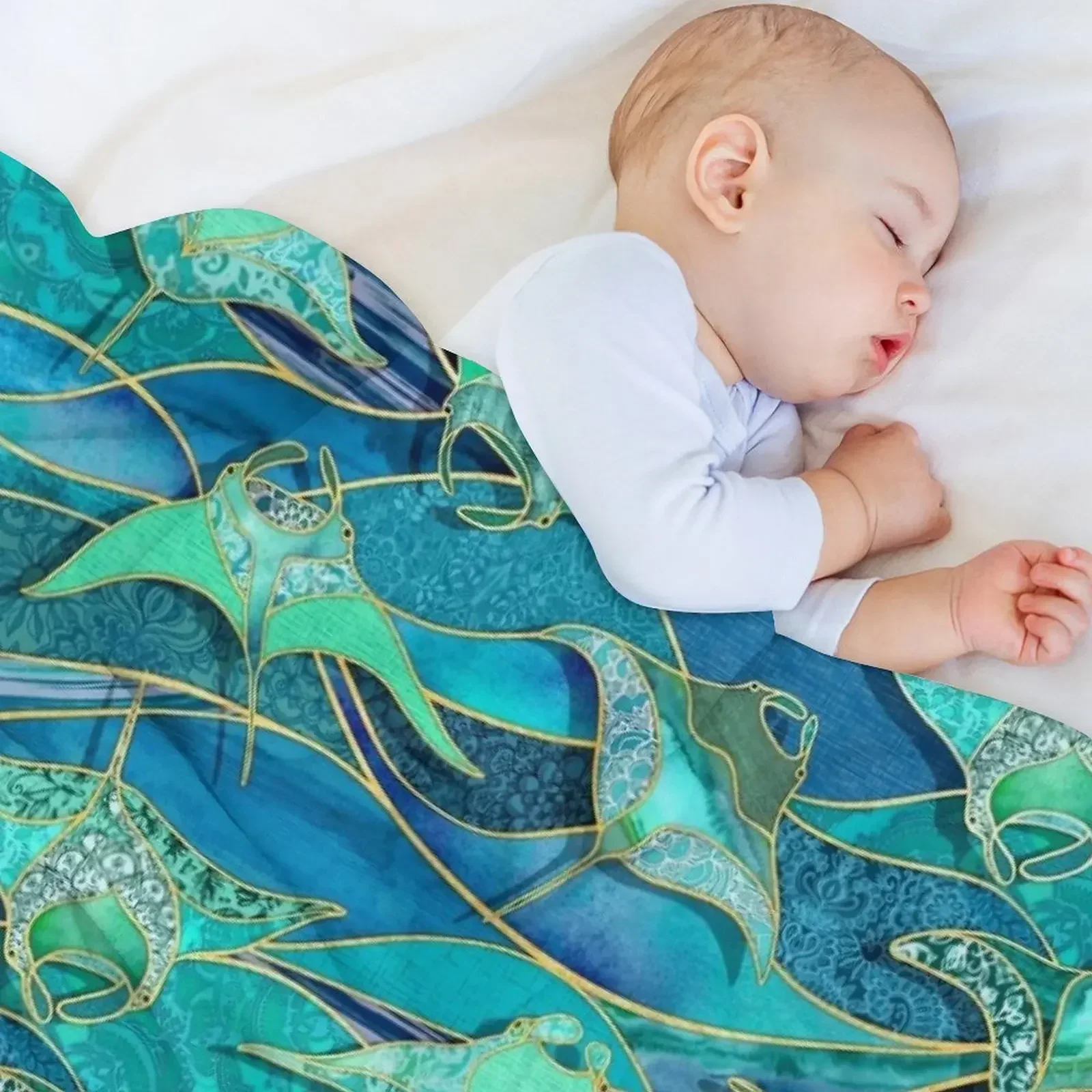 Patchwork Manta Rays in Teal Blue and Jade Green Throw Blanket Decorative Sofa Flannels manga Blankets