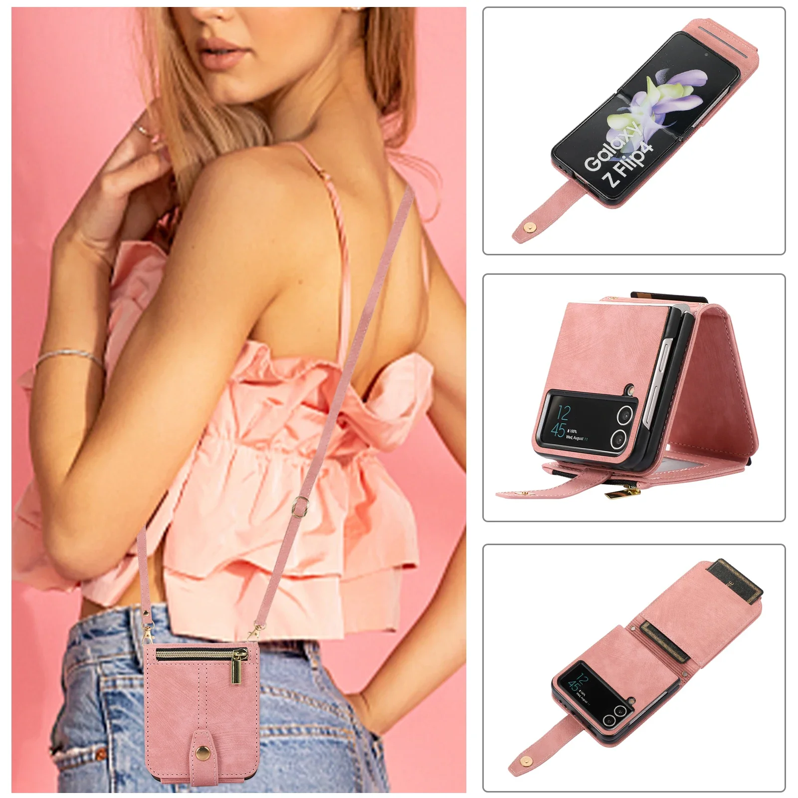 Lanyard Zipper Wallet Cards Slot Leather Case for Samsung Galaxy Z Flip 4 5G Anti-Scratch Protective Crossbody Phone Cover Funda