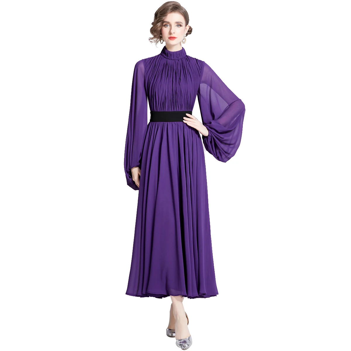 Vintage Purple Chiffon Patchwork Pleated Maxi Dress Women's Stand Long Lantern Sleeve Loose A Line Evening Party Robe Vestidos