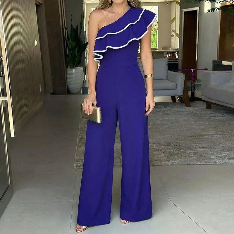 

Elegant Lady High Waist Playsuit Fashion Slash Collar Color Blocked Jumpsuit Summer Casual Sleeveless Hollow Out Wide Leg Romper