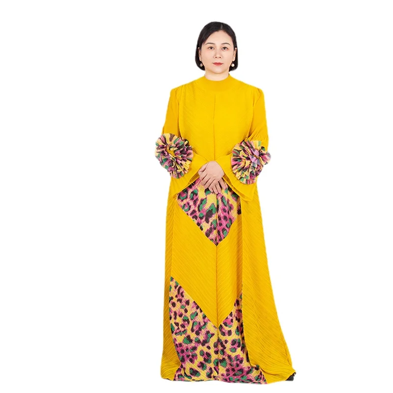 Miyake Extra-long Pleated Dress O Neck Color-blocked Fungus Full-sleeved Leopard Print Hand-flowered Robe for Women 2024 Spring