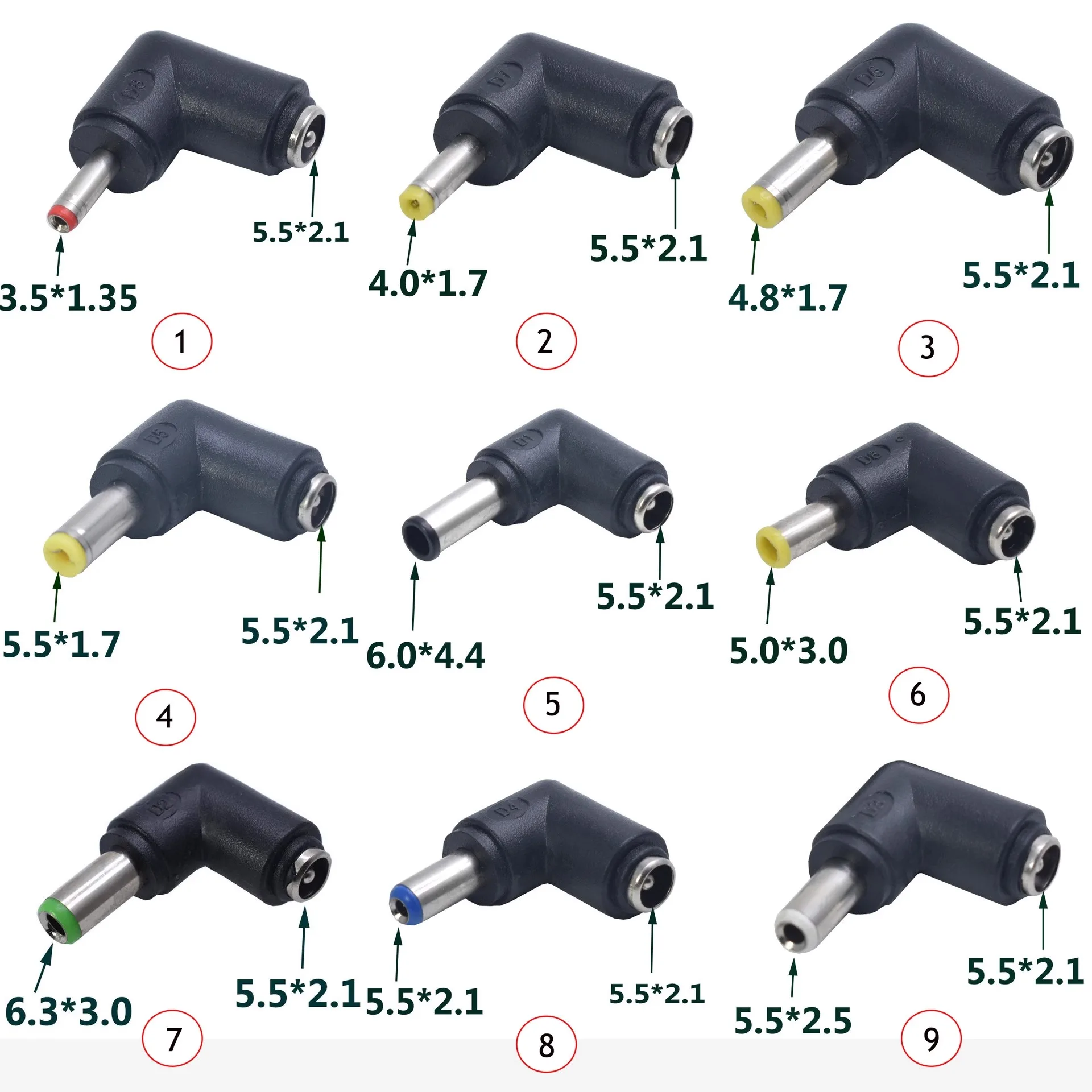

10PCS Power conversion plug DC5.5X2.1 female to 5/4.0 * 1.7/3 * 1.35 male elbow 90 degrees