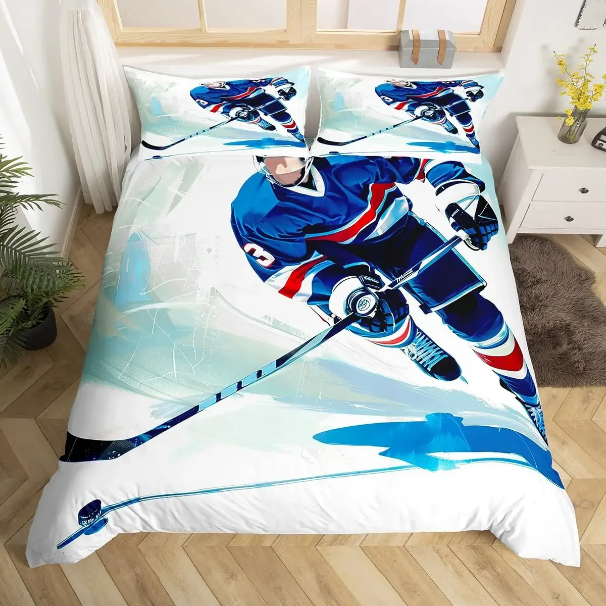 Graffiti Ice Hockey Duvet Cover Winter Sport Bedding Set Kids Boys Hockey Player Comforter Cover Watercolor Sports Quilt Cover