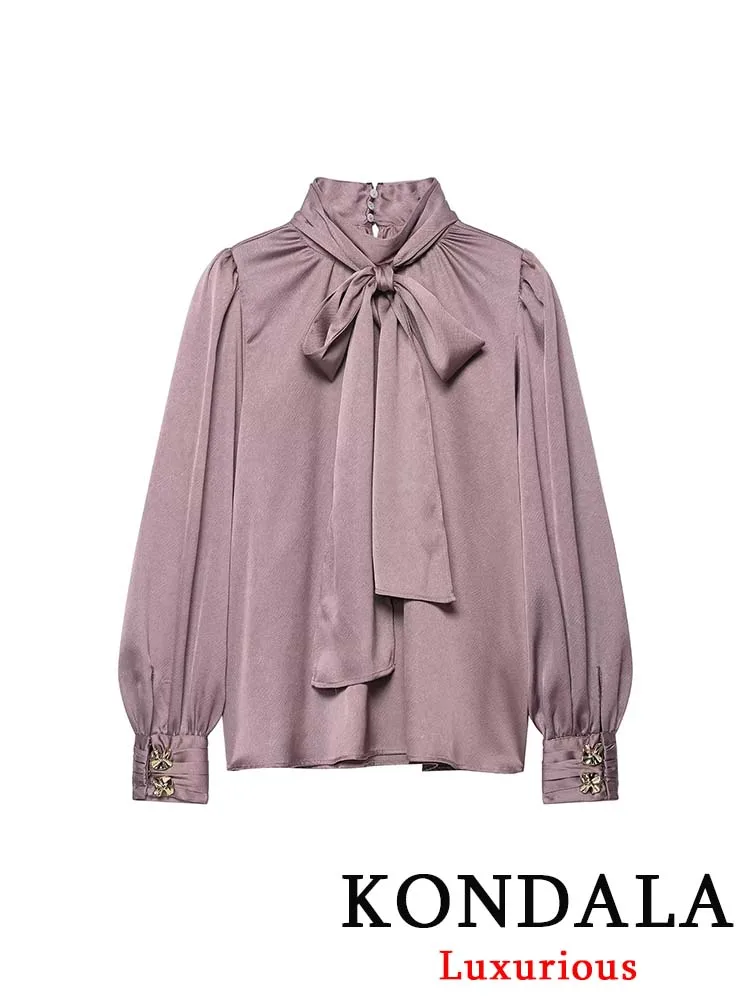 

KONDALA винтажная элегантная женская блузка розовый однотонный пуловер с бантом на шнуровке свободные рубашки новая мода 2025 осенние офисные женские блузки