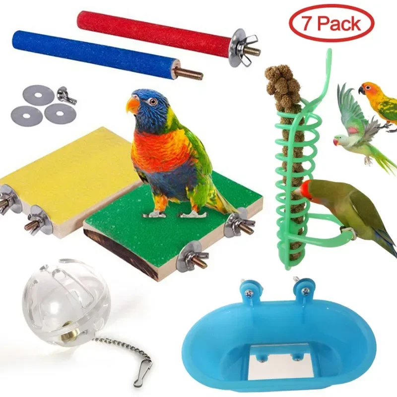 A Parrot Bite Toy Pet Bird Scrub Springboard Matte Rod Foraging Ball Wheel Bath Basin 7-Piece Set