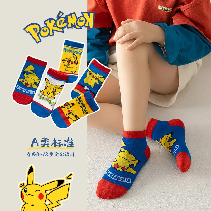 5 Pairs Pikachu Kids Socks Mesh Breathable Ice Thin Socks Summer Kawaii Cartoon Childrens Short Cotton Sock for Girl Boys