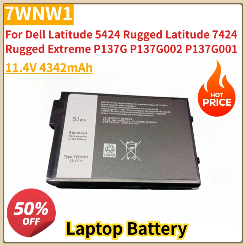 

New 7WNW1 Replacement Battery 11.4V 4342mAh for Dell Latitude 5424 Rugged Latitude 7424 Rugged Extreme P137G P137G002 P137G001