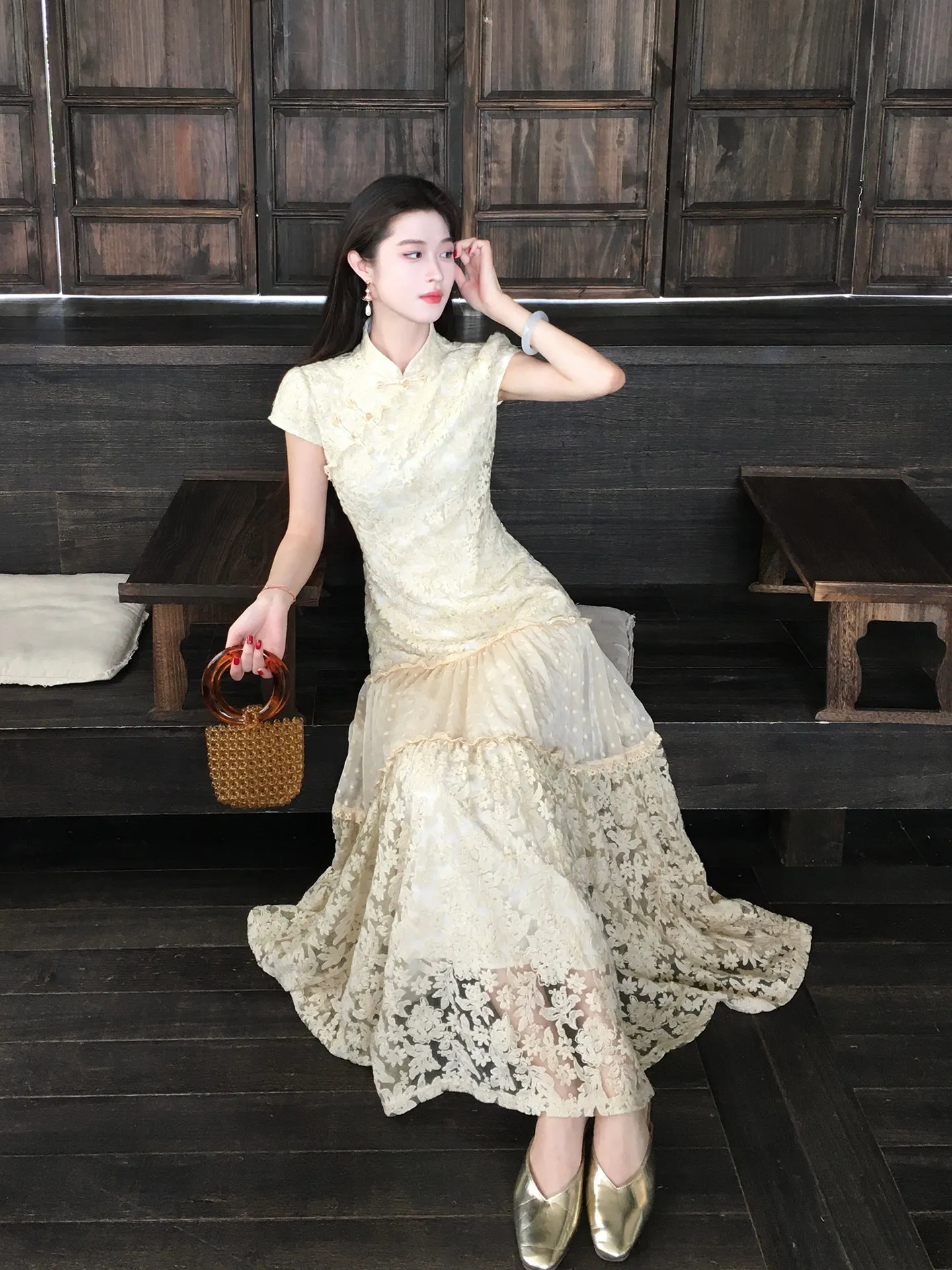 

New Chinese Sle Embroidered Dr Women Summer Vintage Patchwork Long Skirt ort Sve Low Slit Daily Wear